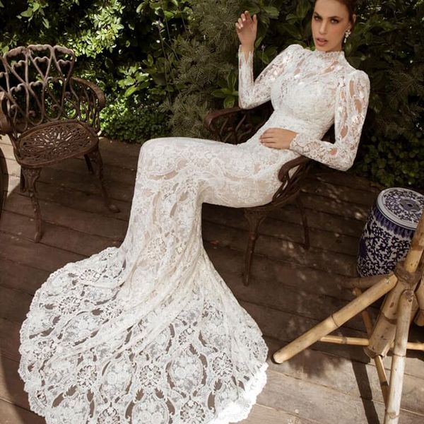 

bling bling wedding dresses for girls long sleeves mermaid bride bridal gowns lace appliques beach sheath column custom made, White
