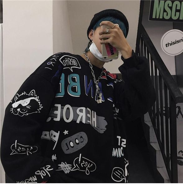 

hip-hop hoodie handsome fashion men's dark graffiti print casual handsome couple wear plus velvet long sleeves, Black
