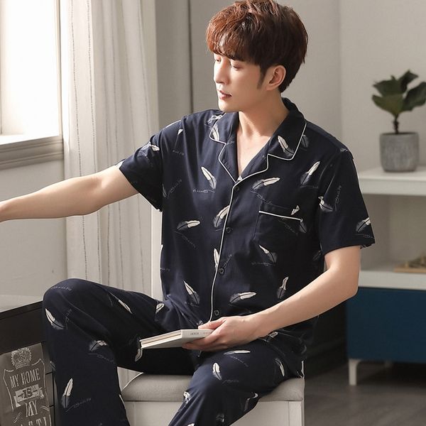 

пижамы мужские хлопок летом с короткими рукавами просто может выйти черный плюс брюки и брюки размер папа среднего возраста домашний костюм, Black;brown