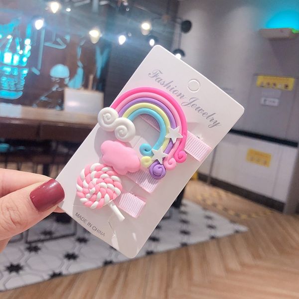 

new children's rainbow candy hairpin cute girl super cute hairpin girl bangs side clip cotton candy duckbill clip, Slivery;white