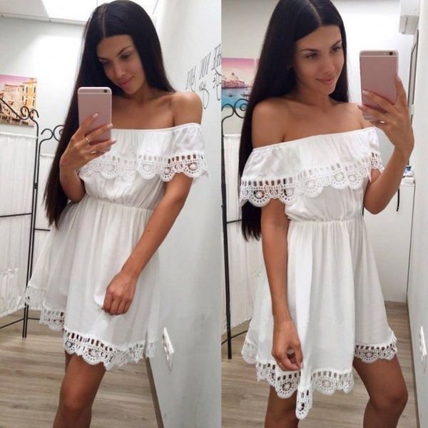 

fashion women elegant vintage sweet lace white dress stylish slash neck casual slim beach summer sundress female vestidos, Black;gray