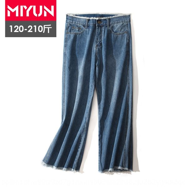 

fat sister 2019 new autumn clothing large size women's 200kg fat mm tassel flared pants bell pants jeans and jeans, Blue