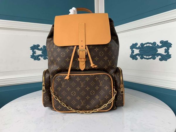 

old yellow leather chain men's backpack 7a high-end quality backpack mountaineering bag old gold metal accessories detachable leather s