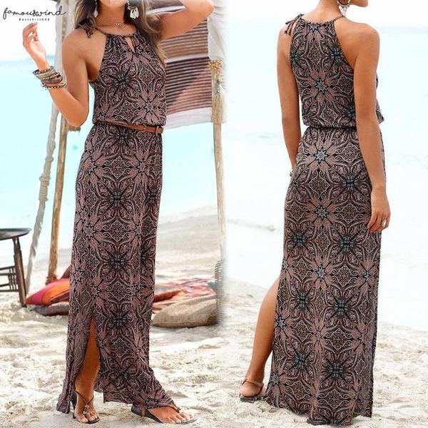

womens casual bohemian print ankle length front flare beach wear boho maxi dress women sleeveless halter long party dress, Black;gray