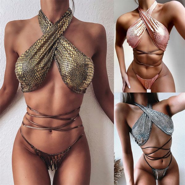 

snake print biniki set cross high neck beachwear bathing suit string waistband thong swimwear swimming suit biquini, White;black