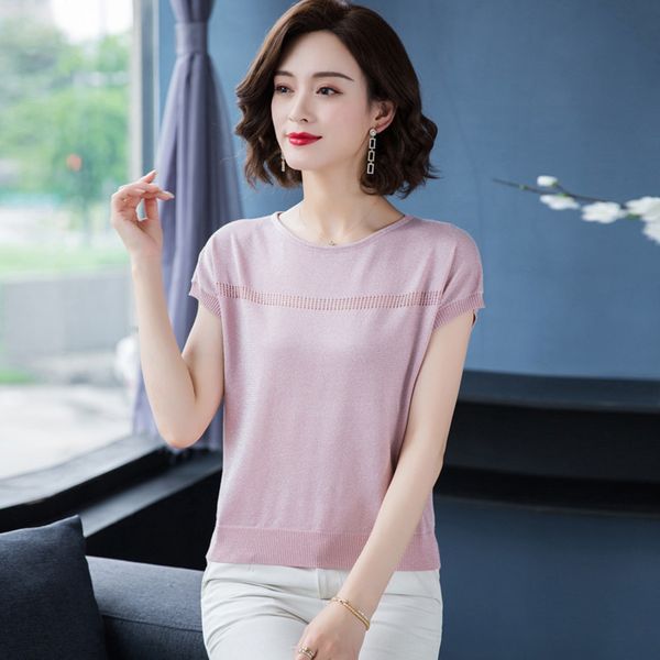 

bc3cy 2019 short pullover round neck hollow base pullover knitwear shirt women's loose thin knitwear summer solid color short sleeve t, White;black