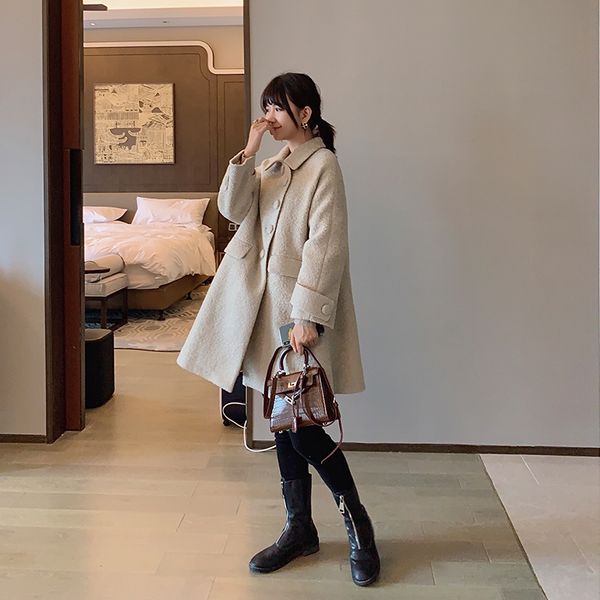 

mishow 2020 winter causal solid turndown collar loose coat women single-breasted aline long sleeves coat mx19d9691, Black