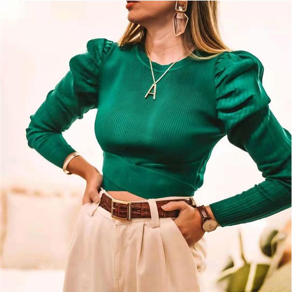 

women stylish solid green knitted sweater long puff sleeve stretchy o neck female pullover casual chic brand blusas, White;black
