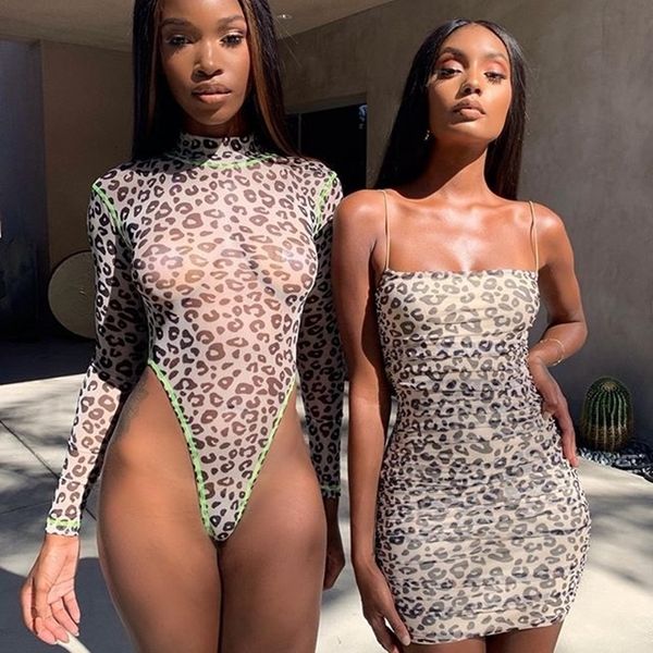 

women leopard print see-through mesh high neck bodysuit high cut leotard thong clubwear sleeveless short mini dress, Gray