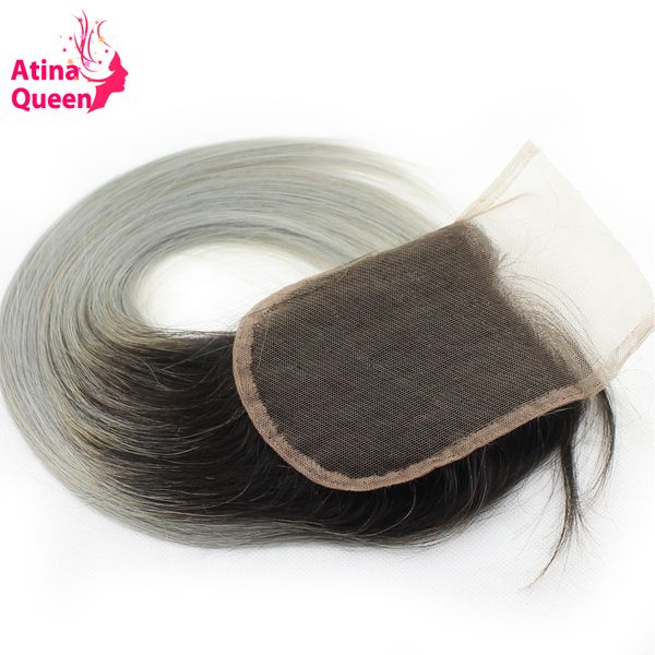 

atina queen 1b grey straight 4*4 lace closure with baby hair dark roots gray color non remy brazilian ombre human hair closures, Black
