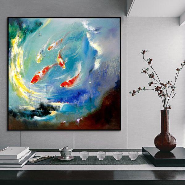 

new chinese square blue orange goldfish decorative painting living room l abstract atmosphere pure hand-painted oil painting customizati