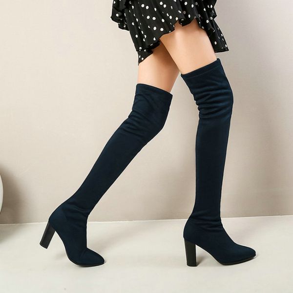 

zawsthia 2020 autumn winter pointed toe stretch boots for woman block high heels women over the knee high heels booties overknee, Black