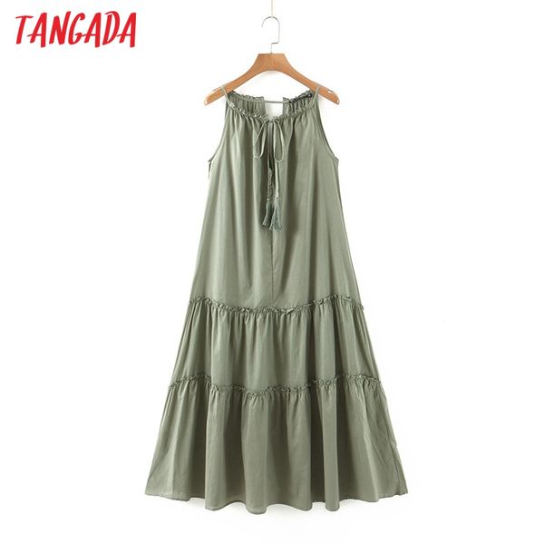 

tangada women solid green cotton long dress sleeveless 2020 ladies loose tassel maxi dress vestidos qw11, Black;gray