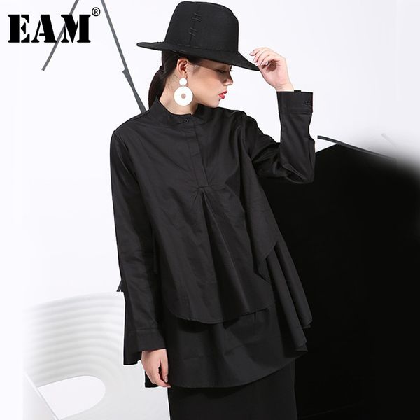 

eam] women double layers hem cotton big size blouse new stand collarlong sleeve loose fit shirt fashion spring autumn 2020 c006, White