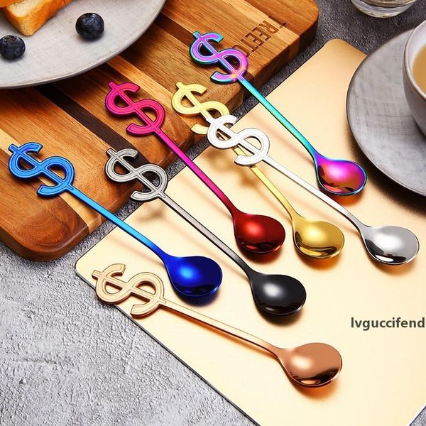 

colorful dollar spoons $ sign handle spoon food grade 304 stainless steel tea coffee spoon ice cream drinking tools hot