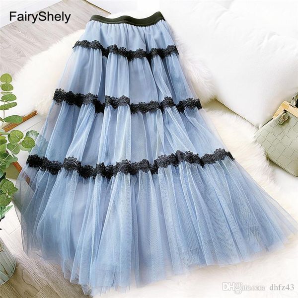 

fairyshely 2020 tulle pleated long skirt women summer elastic band high waist irregular mesh lace skirt blue voile bud, Black