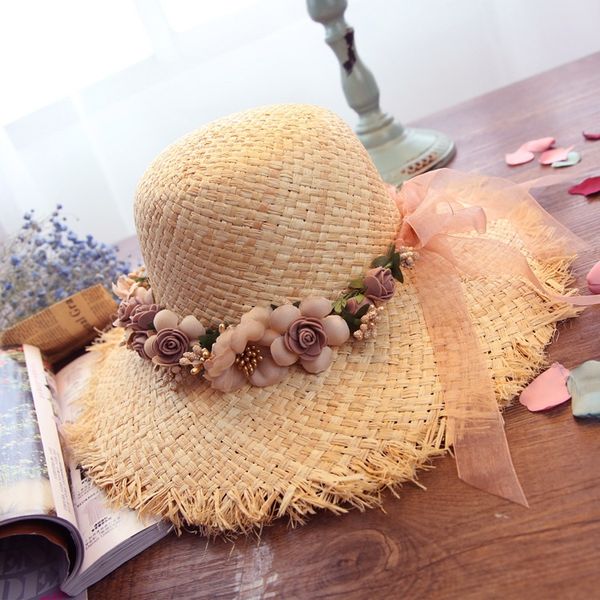 

korean new style lafite straw fashionable women's garland shade outdoor sun straw sun beach women's hat large edge hat, Blue;gray