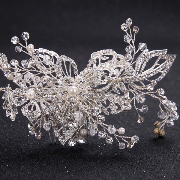 

luxury wedding hair jewelry for bride crystal pearl hair combs women silver color metal haircomb noiva crown tiara clip ornament, Golden;silver