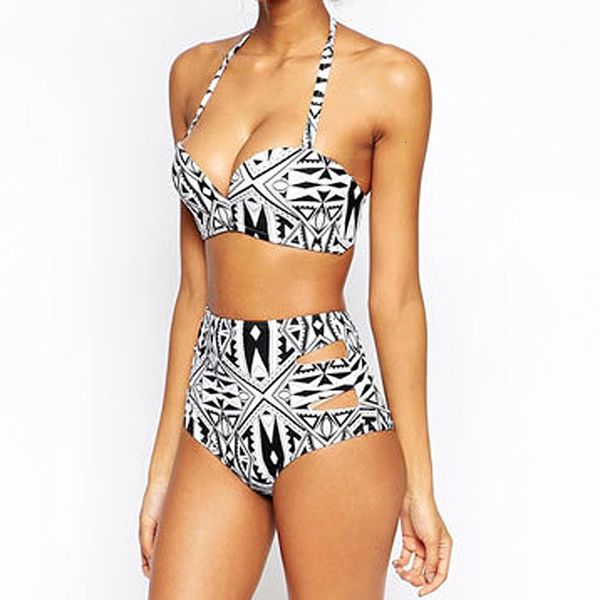 

new women halter bandage bikini set push up padded bra hollow high waist panties swimsuit bathing suit, White;black