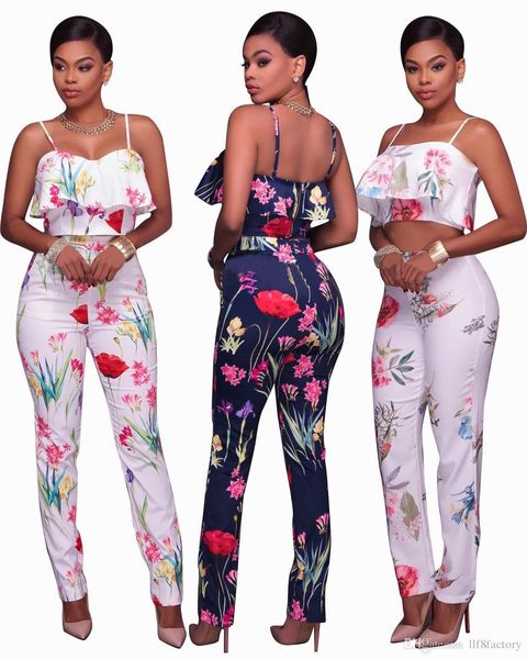 

three-color european and american sling women's fashion ruffled fake two-piece printed trouser suit, Blue