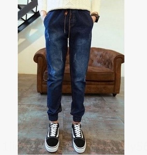 

summer men's tight jeans tight jeans skinny slim trendy men's ripped pants korean-style legged harem pants for boys, Blue