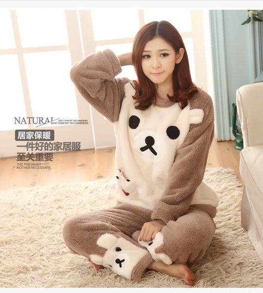 

lady ji flannel biscuit pajamas pajamas long-sleeved thickened warm coral fleece cookie bear cute home clothes set, Blue;red