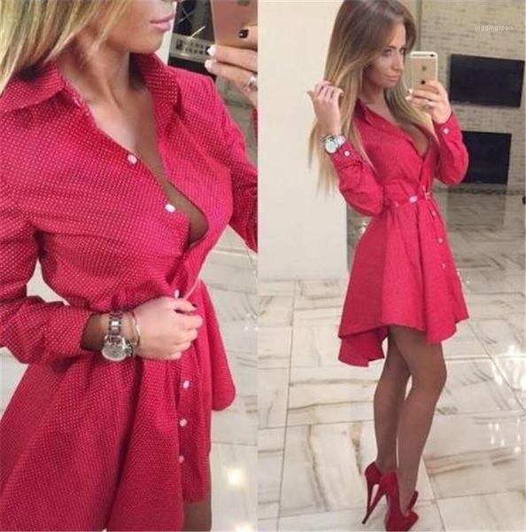 

waist a line dresses long sleeve spring dresses women polka dot shirt dresses pleated high, White