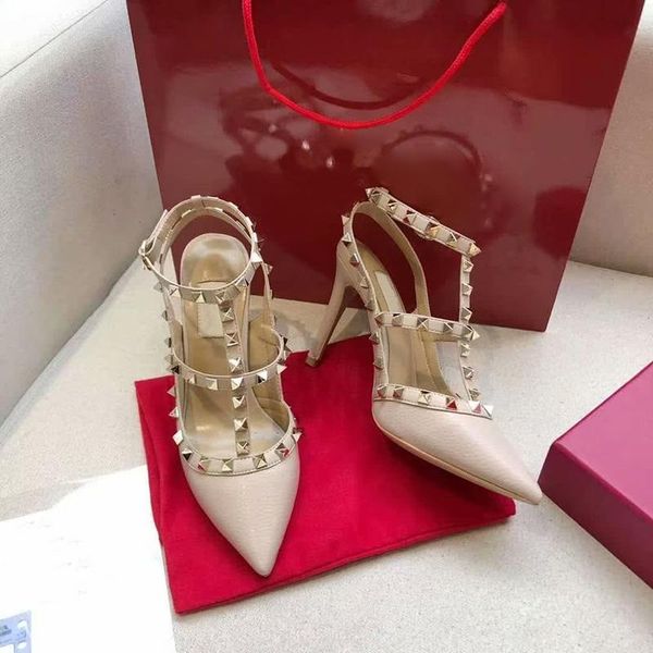 

2020 women high heels fashion stud sandals girls pointed toes shoes buckle platform pumps rivets party white pink sandals fashion shoes, Black