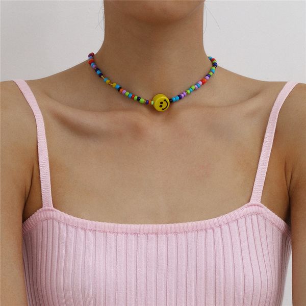 

single cute yellow smile face choker necklace handmade fashion rice beaded chain women colorful gold necklaces jewelry accessories wholesale, Golden;silver