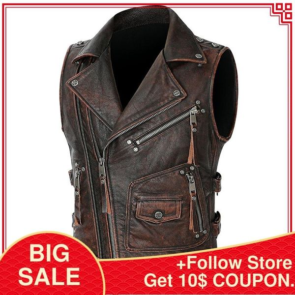 

men's vests 2021 vintage brown biker's style leather vest men plus size 5xl genuine cowhide spring slim fit motorcycle, Black;white