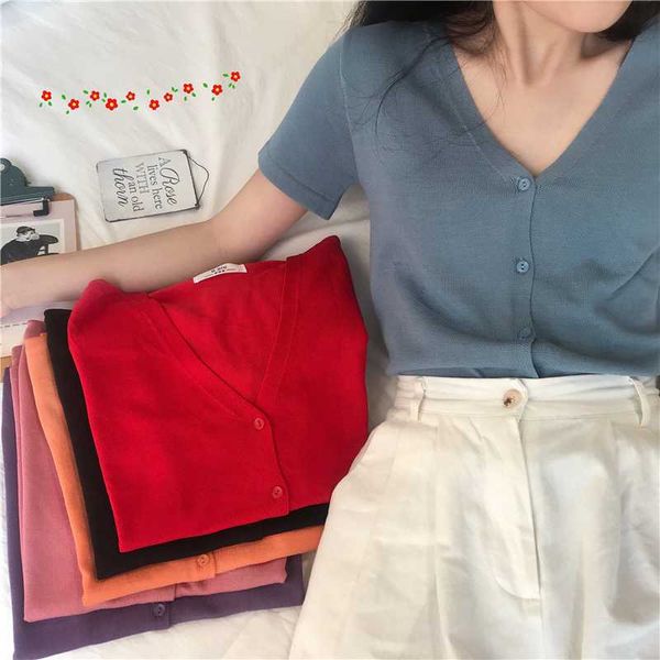 

women summer chic v-collar short-sleeve knitted t shirt female girls thin ice silk pure color simple single breasted t-shirt top, White