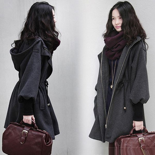 

woolen women's new korean style coat wool wool fashionable mid-length drawstring thickened cashmere coat, Black