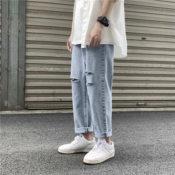 

ripped and jeans jeans men's loose thin hip hop fashion brand ins nine points korean style trendy straight pants handsome, Blue