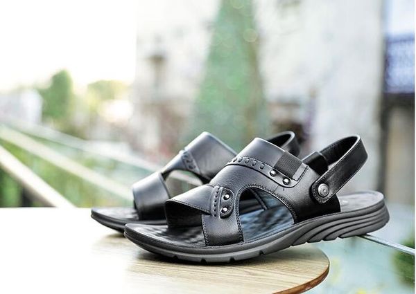 

shoes summer genuine leather summer beach sandals men casual shoes outdoor sandals fish breathable for men, Black