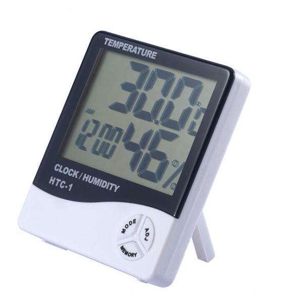 HTC-1 LCD Temperatura Digital higrômetro relógio medidor de umidade Interiores higrômetro Termômetro ao ar livre Estação meteorológica com relógio