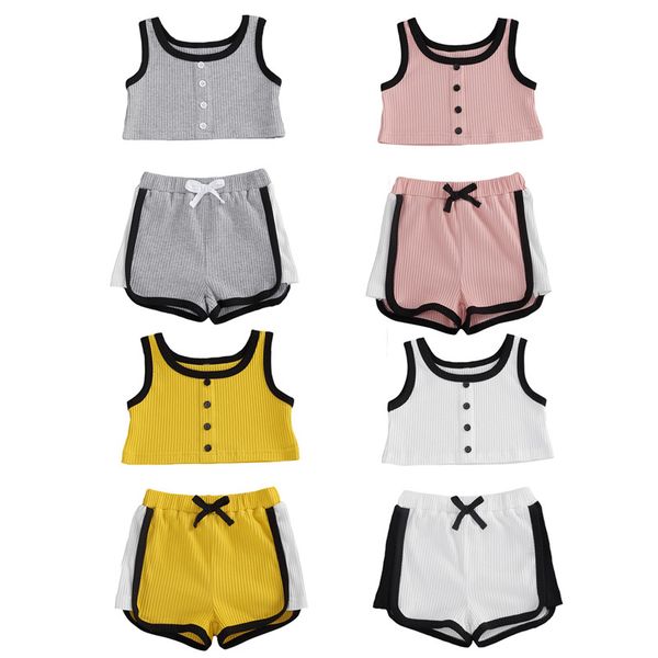 

baby boy girls clothes sportwear 2pcs set button sleeveless vest summer +drawstring shorts ribbed outfit children clothing, White