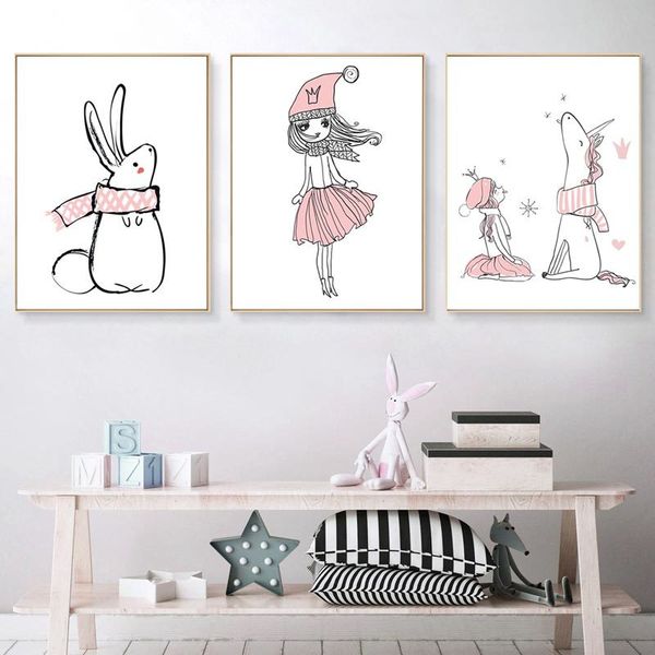 

kawaii baby girl nursery wall art canvas painting pink cartoon bunny unicorn posters and prints nordic kid bedroom decor picture