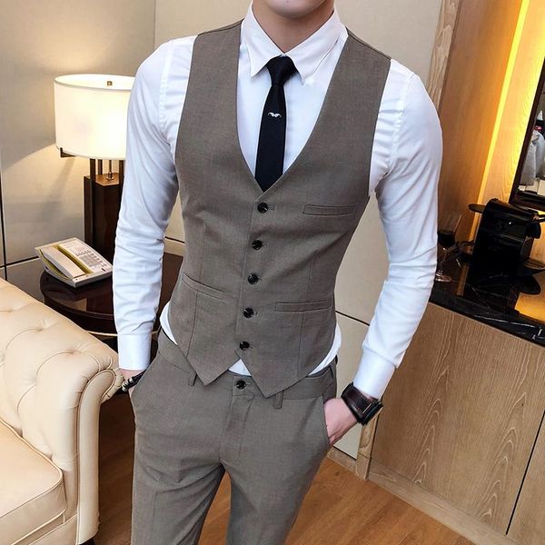 

2020 fall new gray mens waistcoat slim fit business male suit vest wedding groomsman suit vests, Black;white