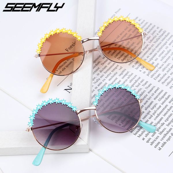 

seemfly kids sunglasses round frame cute boys girls children eyewear lovely baby uv400 mirror flower summer sun glasses shades, White;black