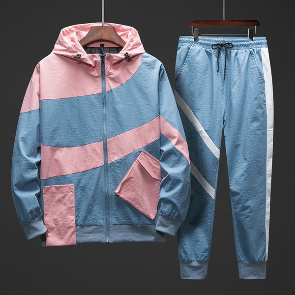 

tracksuit set men spring autumn sport suit hooded sweatshirts+pants hip hop patchwork two piece set for men sweatsuit clothing, Gray