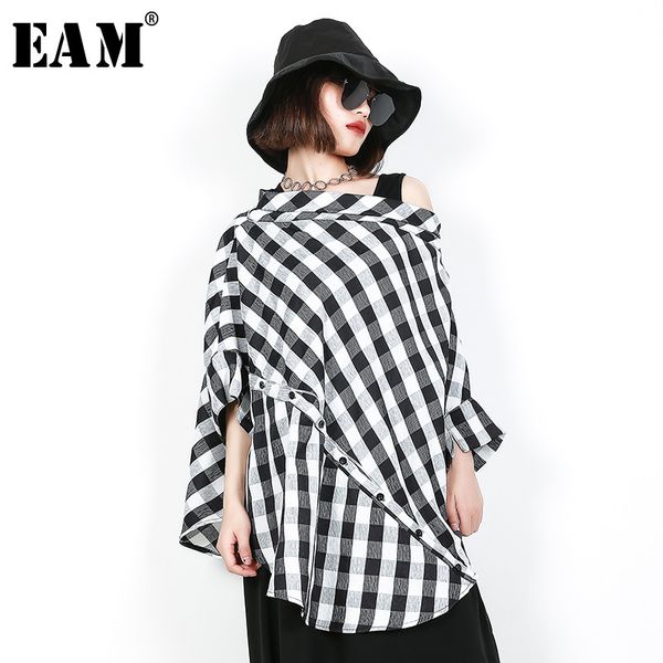 

eam] 2020 new spring summer slash neck three-quarter sleeve black plaid split joint big size shirt women blouse fashion jf608, White