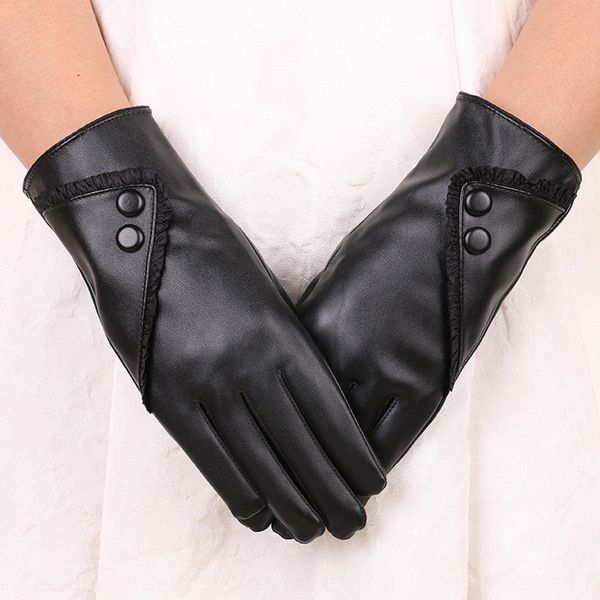 

women's warm lace pu leather lace touch screen gloves warm velvet riding gloves winter, Black