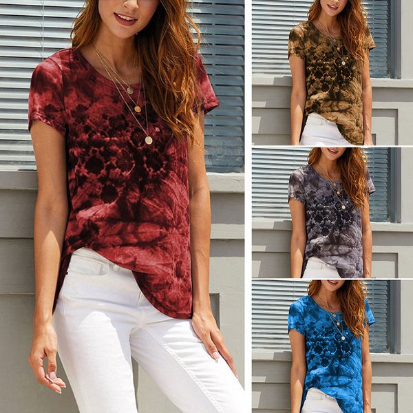 

women's t-shirt summer tie-dye round neck printed short-sleeved top, White