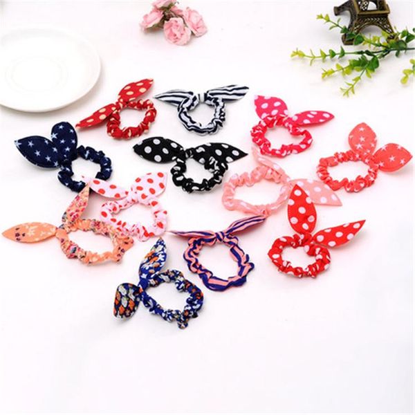 

children hair bands cute bunny rabbit ear elastic floral dot hair accessories scrunchy candy color headdress wholesale, Slivery;white