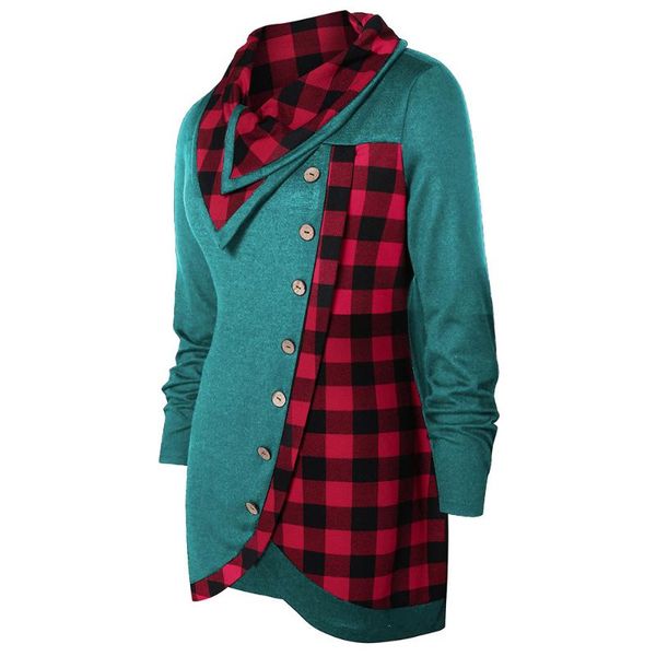 

plus size skew button plaid spliced t-shirt, White;red