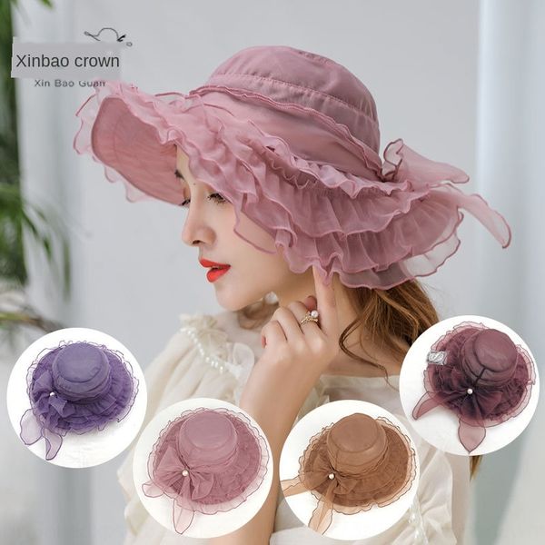 

9055 sun lace uv-proof ougen yarn fashion net gauze large edge hat women's lace sunshade hat, Blue;gray