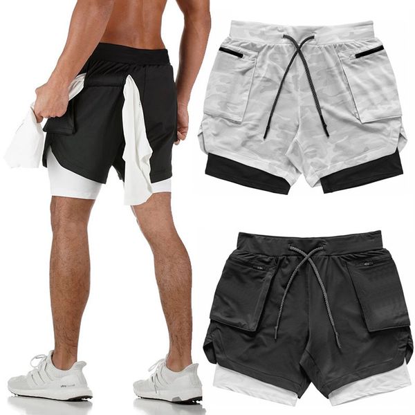 

breathable men running sport shorts fitness gym bottoms double layers with zippers and pockets, Black;blue