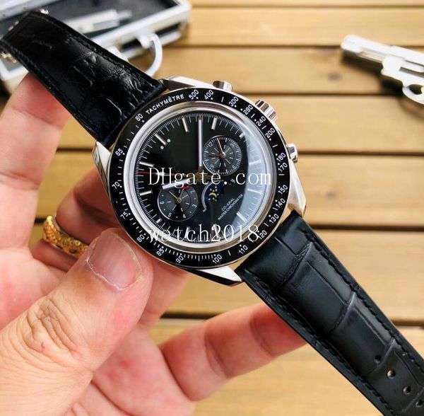 

new moon sun function 42mm ceramic bezel 904l steel leather strap planet ocean 304.30.44.52.01.001 full automatic machinery men's watch, Slivery;brown