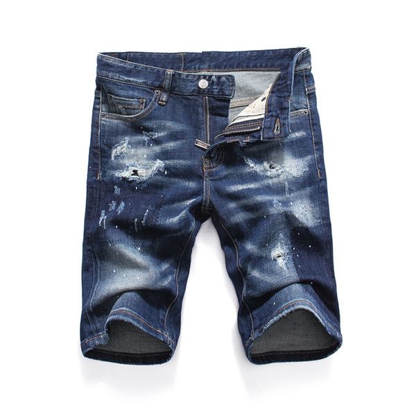 

2020 new summer hole denim shorts tight trendy comfortable men's denim straight pants men's short knees, Blue