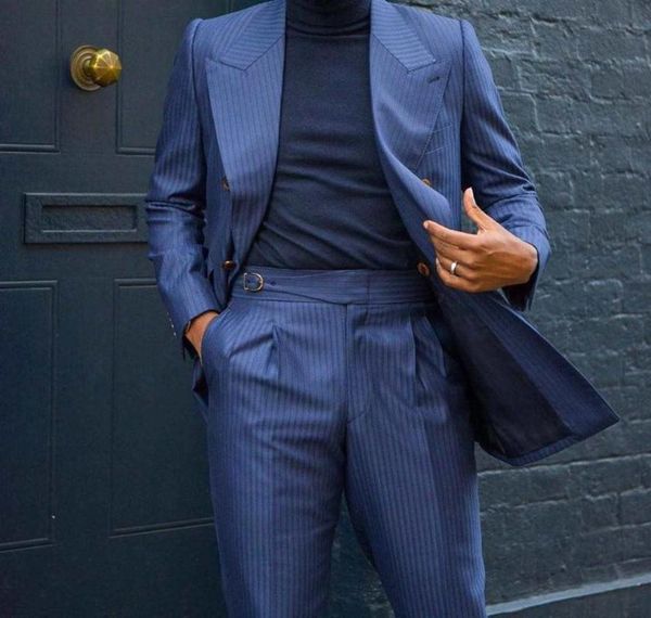 

tailor made fashion design blue stripe mens suits for groom tuxedos 2021 slim fit blazer two piece jacket pants man prom suits, White;black